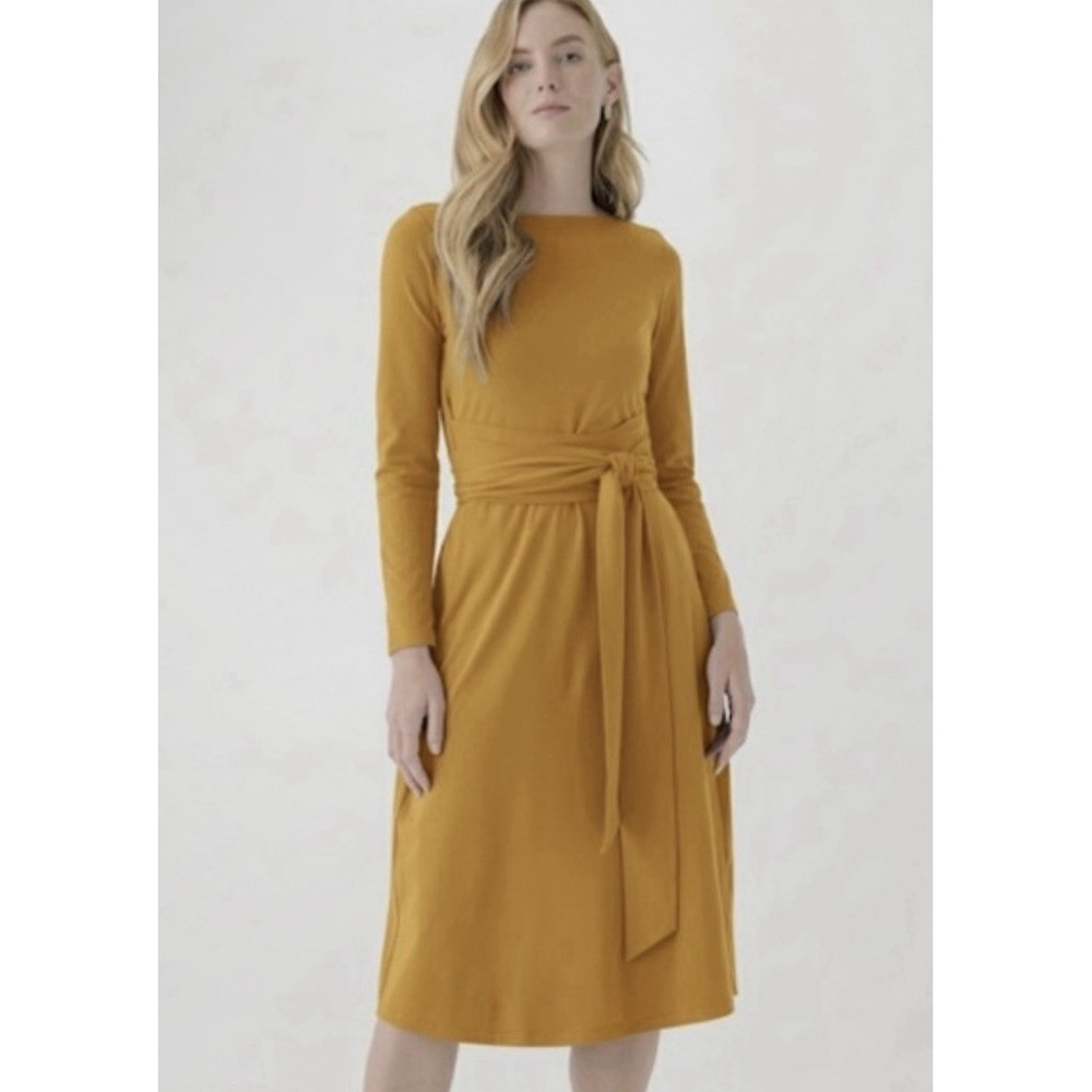 Pact Golden Mustard Long Sleeve Tie-Waist Midi Dress